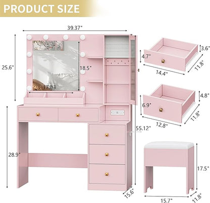 Vanity Desk with Mirror and Lights,Makeup Table with & RGB Storage Cabinet,Large Drawer & Storage Shelves,5 Drawer,Bedroom Dressing Table, Pink