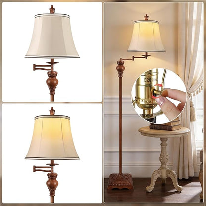 PARTPHONER Vintage Floor Lamps for Living Room,Traditional 350° Adjustable Swing Arm Farmhouse Floor Lamp for Bedroom, Rustic Standing Lamp Pole Lamps for Reading, Home Décor and Office, Wood Grain
