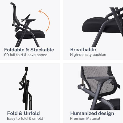 Updated Conference Room Chairs, Folding Office Desk Chair with Lumbar Support and Sliding Armrest with Casters, Stackable Office Guest Chairs & Reception Chairs, 6 Pack Black