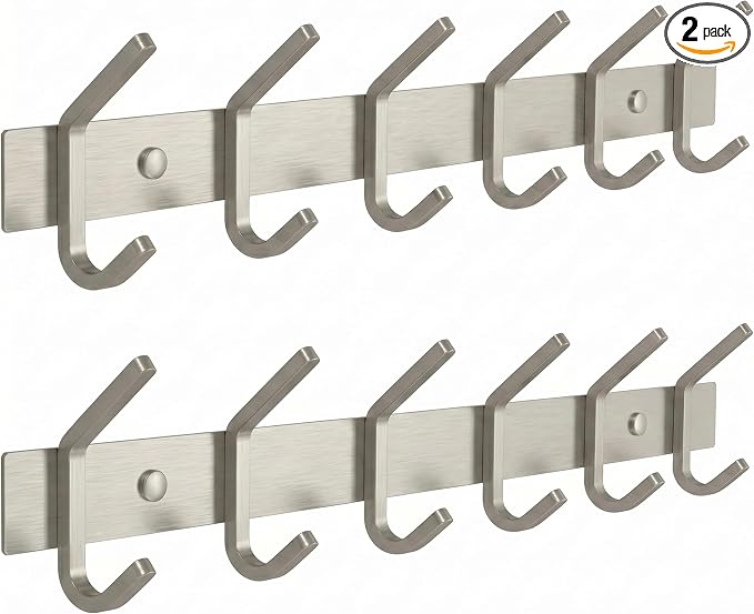 Coat Rack Wall Mount – Brushed Nickel 17 Inch Stainless Steel Hook Rail with 6 Heavy Duty Double Coat Hooks – Wall Mounted Coat Hanger for Entryway, Bathroom, Bedroom, Towel, Hat Organizer - 2 Pack