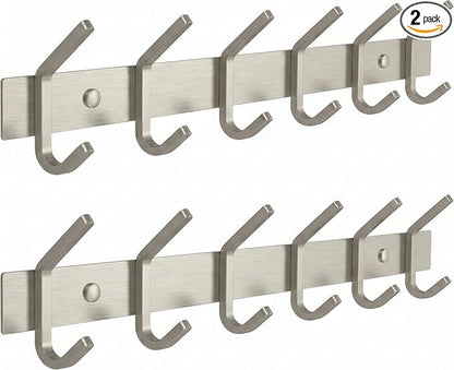 Coat Rack Wall Mount – Brushed Nickel 17 Inch Stainless Steel Hook Rail with 6 Heavy Duty Double Coat Hooks – Wall Mounted Coat Hanger for Entryway, Bathroom, Bedroom, Towel, Hat Organizer - 2 Pack