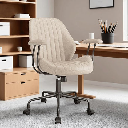 ovios Home Office Chair, Mid-Century Modern Faux Suede Leather Ergonomic Chairs, Mid Back Comfy Computer Swivel Rolling Task Executive Armchair, Beige
