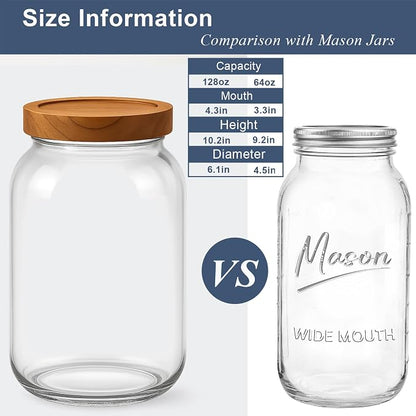 2 Pack Glass Flour Sugar Storage Containers with Acacia Wooden Lid, 1 Gallon Glass Jars with Airtight Lid, Wide Mouth Large Mason Jars 128oz for Rice, Pasta, Oats, Coffee Storage