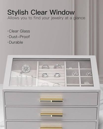 Vlando Jewelry Box for Women, Glass Lid Jewelry Organizer with 3 Drawers for Necklaces Rings Earrings Bracelets - Grey