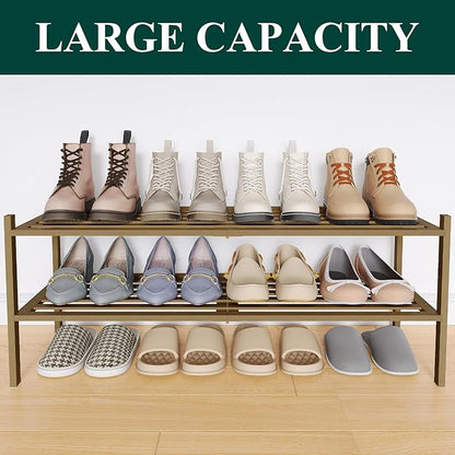 Smiry Long Bamboo Shoe Rack 2-Tier, Stackable Wooden Shoe Organizer for Entryway & Closet, Free Standing Wood Shoe Storage Shelf for Front Door & Small Spaces, Walnut