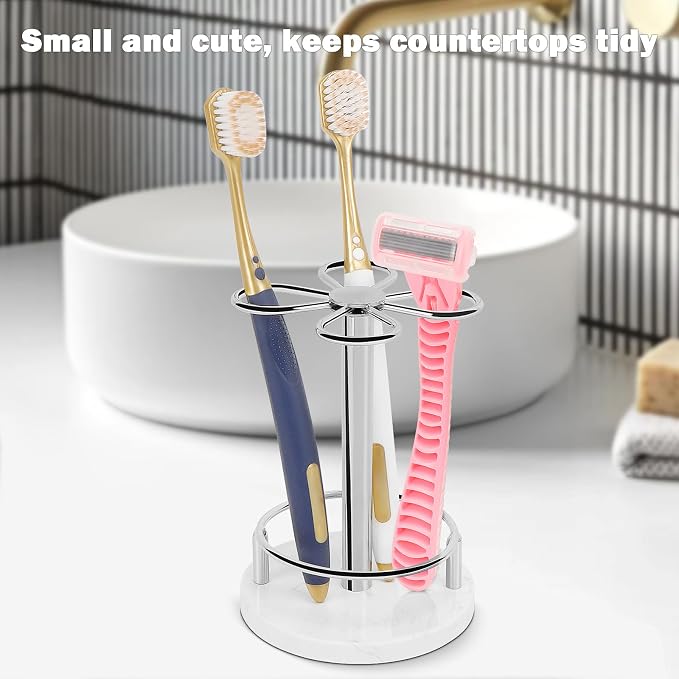 Toothbrush Holder Stand for Bathroom, Metal Toothbrush Organizer with Marble Base, Toothbrush Storage Collection for Family, Suitable for Home Hotel Countertop Vanity (Small, Chrome Finish)