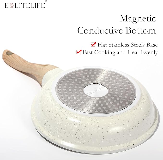 ESLITE LIFE Nonstick Ceramic Frying Pan Skillet with Lid, Non-Toxic Egg Omelette Kitchen Cooking Pans Compatible with All Stovetops (Gas, Electric & Induction), PTFE & PFOA Free (White, 11" w/Lid)