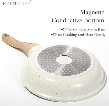 ESLITE LIFE Nonstick Ceramic Frying Pan Skillet, Non-Toxic Egg Omelette Kitchen Cooking Pans Compatible with All Stovetops (Gas, Electric & Induction), PTFE & PFOA Free (White, 9.5'')