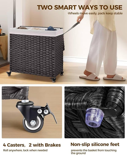 Greenstell Laundry Hamper with Wheels&Lid, 130L Large 3 Sections Clothes Hamper with 2 Types Removable Liner Bags, 5 Mesh Laundry Bags, Handwoven Divided Laundry Basket Black