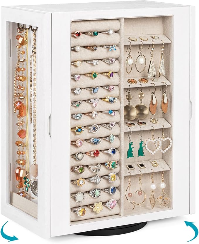 Emfogo 360° Rotating Jewelry Box for Women, Vintage Wooden Large Jewelry Organizer with 5 Drawers, Glass Doors, Vertical Open Design Jewelry Organizers and Storage for Earring Ring Necklace Bracelet