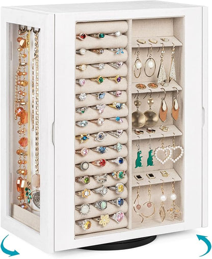 Emfogo 360° Rotating Jewelry Box for Women, Vintage Wooden Large Jewelry Organizer with 5 Drawers, Glass Doors, Vertical Open Design Jewelry Organizers and Storage for Earring Ring Necklace Bracelet