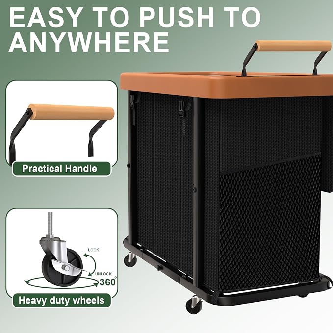230L (60 Gal) Extra Large Fashion Laundry Sorter 3 Section with Lid, Rolling Laundry Basket Hamper with Handle, Laundry Organizer Storage Cart with Sturdy Metal Frame for Laundry Room, Hotel, Black