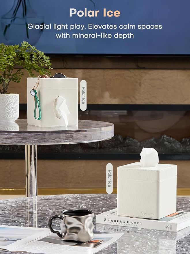 Cloudever Tissue Box Holder Cover, Modern PU Leather Square Decorative Tissue Holder Organizer-Woven New Off White