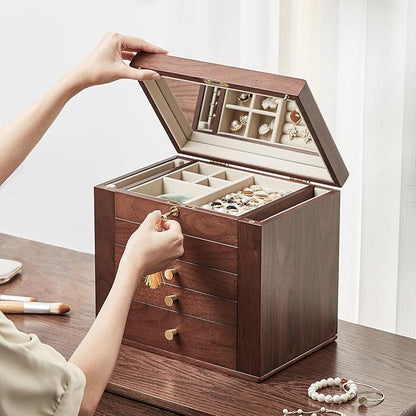 CHOSIN Black Walnut Wooden Jewelry Box for Women with Mirror, 5 Drawers and 2 Side Doors for Watches, Necklaces, Rings, Earrings Storage Christmas Gifts