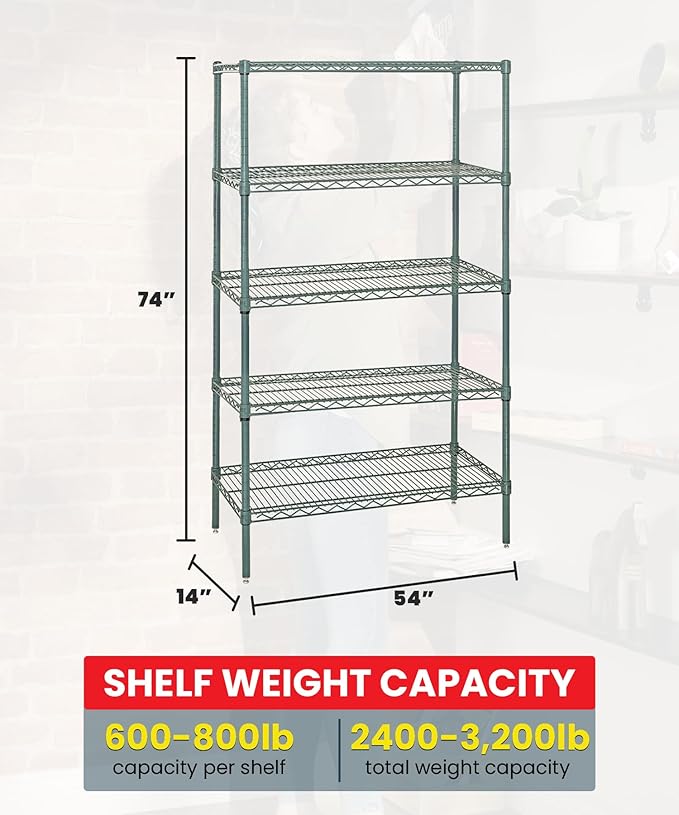 Quantum Storage Systems WR74-1454P-5 Wire Shelving Starter Kit, 54" W x 14" D x 74" H, 600 lbs Capacity, Carbon Steel, Epoxy Coated, Green, NSF