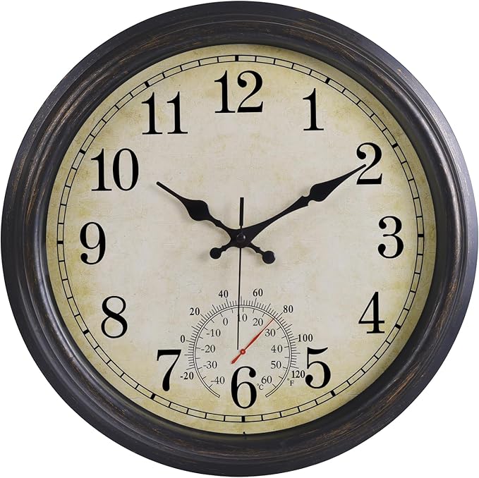 16 Inch Large Outdoor Clock, Waterproof Wall Clock with Thermometer, Battery Operated Silent Non-Ticking Vintage Wall Clock Quartz Round Clock Home Decor,Black Bronze