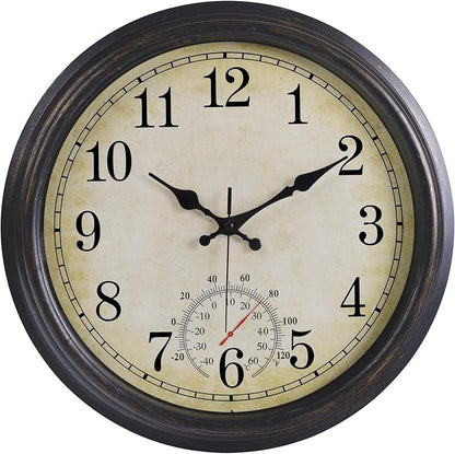 16 Inch Large Outdoor Clock, Waterproof Wall Clock with Thermometer, Battery Operated Silent Non-Ticking Vintage Wall Clock Quartz Round Clock Home Decor,Black Bronze