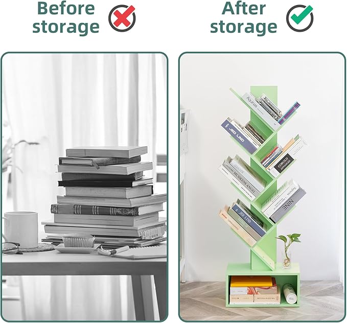 Yoobure Tree Bookshelf - 6 Shelf Retro Floor Standing Bookcase, Tall Wood Book Storage Rack for CDs/Movies, Utility Book Organizer Shelves for Bedroom, Living Room, Home Office Green