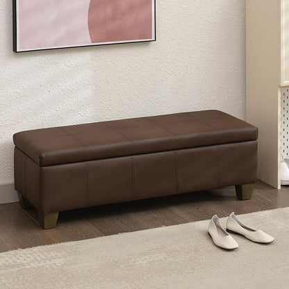 51 Inch Storage Ottoman, Storage Bench with Safety Hinge, Upholstered Synthetic Leather Ottoman Bench for Bedroom, Living Room, Entryway, Hallway, Foot Rest, Support 500lbs, Brown