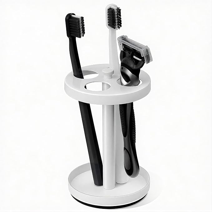 White Stainless Toothbrush Holder Stand: Rustproof Bathroom Countertop Organizer, 4 Ventilated Slots Hold Manual Toothbrushes, Razor