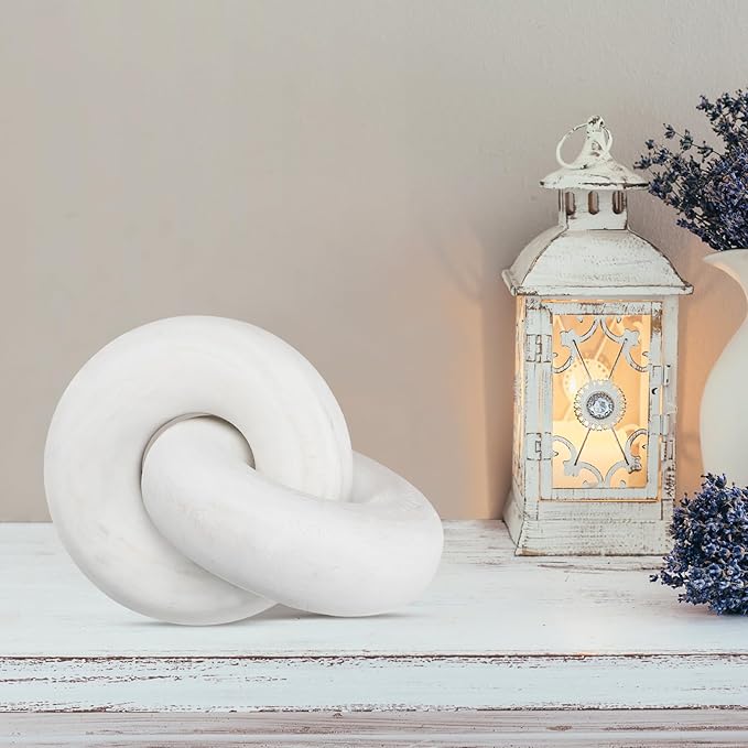 2 Link Wood Chain Link Decor Coffee Table Wooden Knot Decor Hand Carved Modern Farmhouse Ornament Boho Rustic Natural Chain Items for Home Living Room Bedroom Shelf Decorations(White)