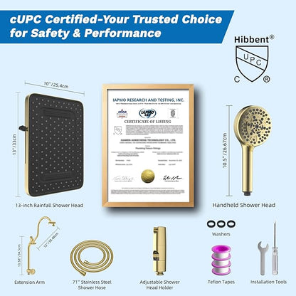 Hibbent cUPC Certified 13'' Shower Head Combo, High Pressure 5 Spray Rainfall Showerhead, 10 Spray Handheld, All Metal Easy Reach 4-way Diverter Arm with Pause Mode, 71'' Hose and Holder, Brushed Gold