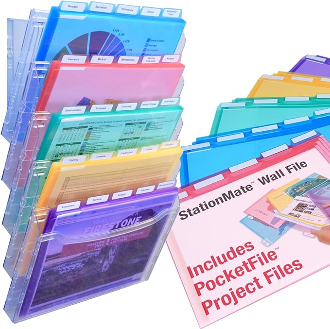 Ultimate Office StationMate Wall File Organizer, 5 Tier Vertical Mount Hanging File Sorter. Multi-Purpose Display Rack Includes 25, 5th-Cut PocketFile Project Files