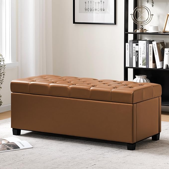 47.2" Ottoman with Storage, Storage Ottoman Bench with Safety Hinge,Tufted End of Bed Bench, Upholstered Entryway Bench for Bedroom, Living Room & Window (Brown-Upgraded Version)
