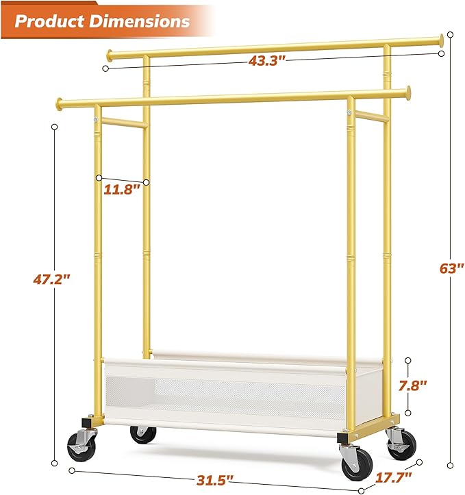Clothes Rack, Clothing Racks for hanging clothes, Rolling clothes rack with Storage Basket & Heavy Duty Wheels, Double rods clothing rack for Bedroom, Laundry Room, Gold