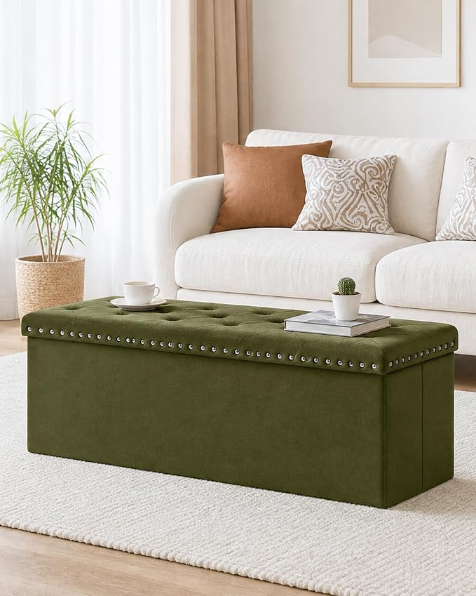 B FSOBEIIALEO Storage Ottoman Bench, Folding Tufted Ottomans with Storage, Extra Large 140L Storage Boxes Footrest Bench for Bedroom, Luxury Velvet Fabric 43 Inches Olive