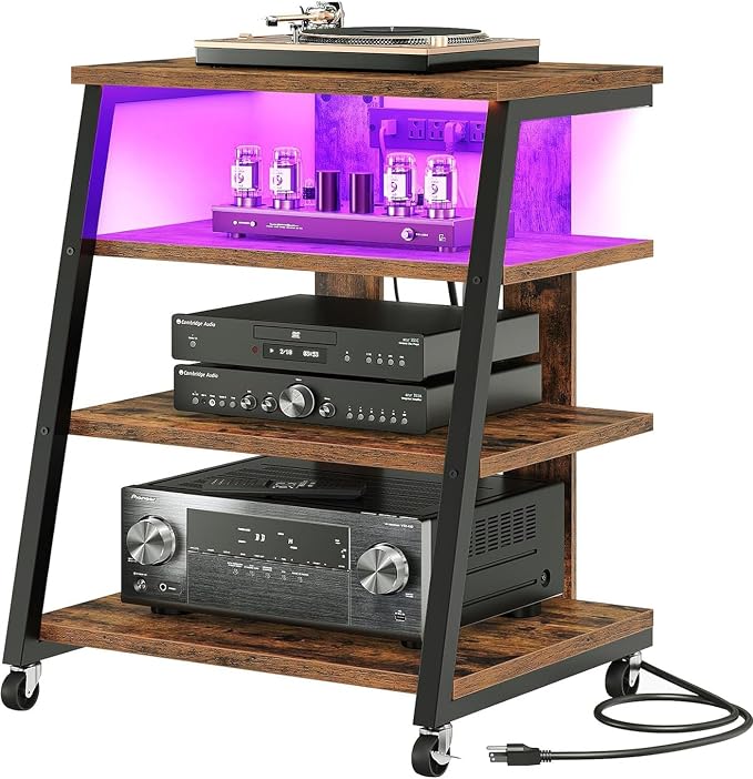 CHOEZON 4-Tier AV Media Stand with Wheels, Stereo Stands, Media Console Shelf with Power Strips, LED Lights, Wooden Audio Cabinet Rack Tower, Rustic Brown and Black TCJ60UDBF