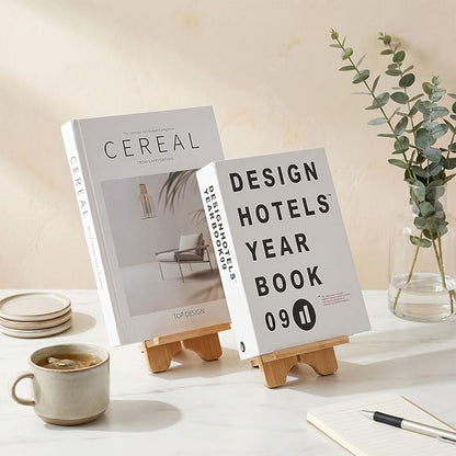 4 Pack Bamboo Book Display Stand Bamboo Book Holder for Books, Magazines, Picture Artworks, Small Easels for Display, Display Bookstand for Coffee Table, Kitchen, Office