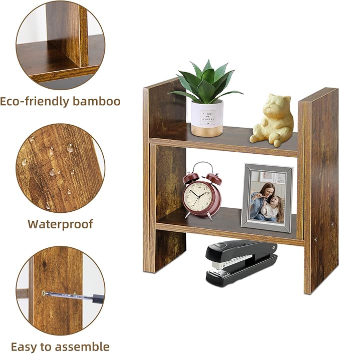 TY ARTS & CULTURE - Expandable Wood Desktop Storage Organizer Multipurpose Desk Bookshelf Display Shelf Rack Counter Top Bookcase for Office Home | Natural Brown