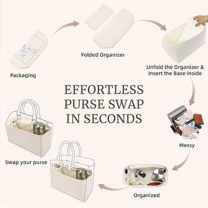 Purse Organizer Insert, Satin Tote Bag Organizer with 8 Sizes, Handbag Dividers for Inside Purse, Compatible with Longchamp, Neverful, 25C Hobo and More Bags（Large,Craie）