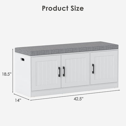 3-Tier Shoe Cabinet Storage with Adjustable Shelf Entryway Shoe Bench with Thickened Padded Seat Cushion Storage Bench with 3 Doors for Entry, Bedroom, Hallway (White Gray,46.3 * 13.8 in)