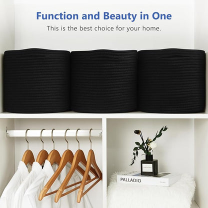 Cotton Rope Storage Basket, 15x10x9 Inches, Woven Basket for Shelves, Clothes, Towels, Books, and Laundry, Black (1 Pack)