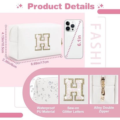 Small Initial Patch Makeup Bag Personalized Gifts Make Up Bag,White Cute PU Leather Glitter Letter Cosmetic Bag with Zipper,Trendy Portable Travel Toiletry Pouch,Preppy Stuff for Teen Girls Women H