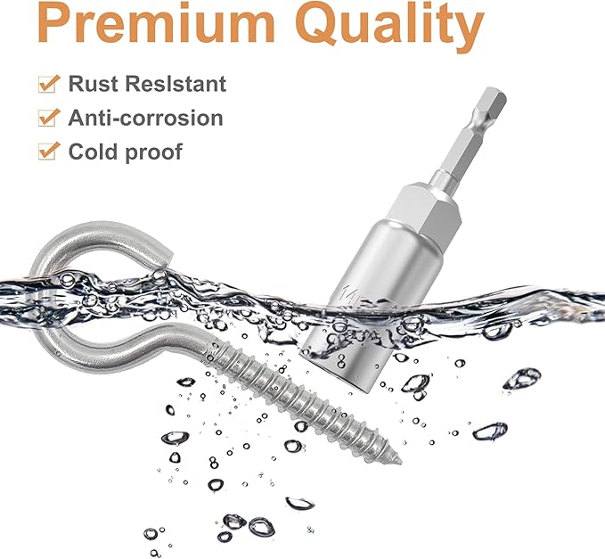 304 Stainless Steel Screw-in Hooks, Heavy-Duty Eye Hooks for Wood, Christmas Lighting (14 pcs + 1/4" Hex Shank Wing Nut Driver)