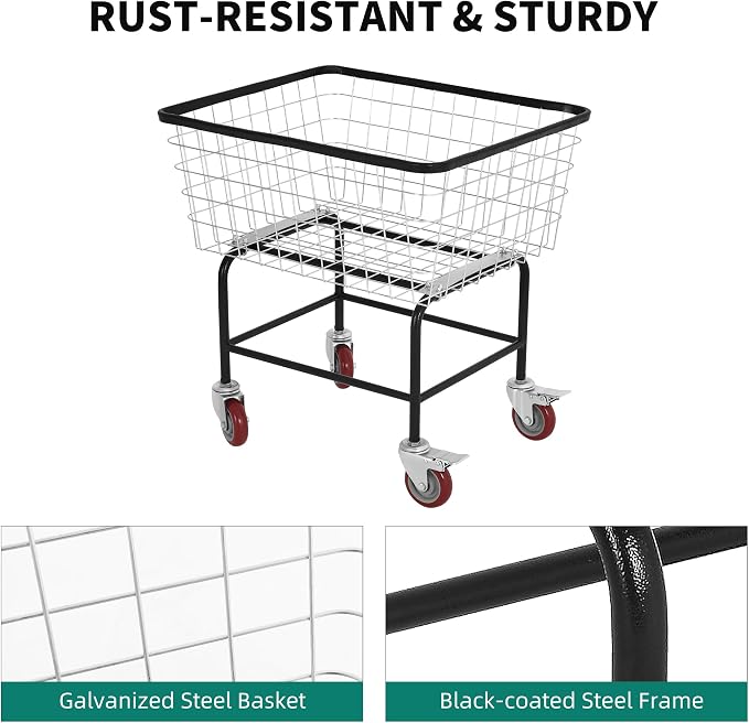 Large Rolling Laundry Cart with Wheels Holds 2 Washer Loads, Wire Laundry Basket, Heavy-Duty Steel Storage Basket with Galvanized Finish, for Commercial or Home Laundry