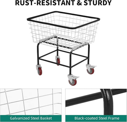 Wire Laundry Cart with Wheels, 2.5 Bushel Rolling Laundry Basket, Commercial Basket Carts for Laundry Room, Hotel, Home, Apartment Use, Durable Steel Frame with Galvanized Finish, 5" Casters