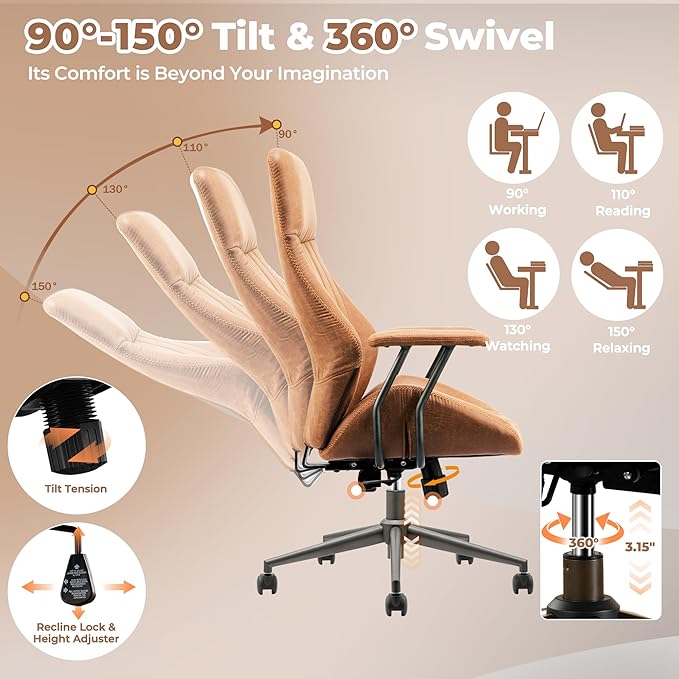 ovios Home Office Chair, Mid-Century Modern Faux Suede Leather Ergonomic Chairs, High Back Comfy Computer Swivel Rolling Task Executive Armchair, Brown