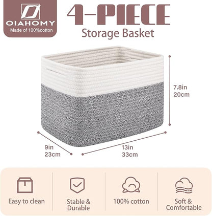 OIAHOMY 4 Pack Storage Basket, 13"x9"x7.8" Cotton Rope Baskets for Shelves, Closet Organizer for Bedroom & Living Room, Soft Decorative Bins for Organizing Towels, Books & Toys, Grey & White