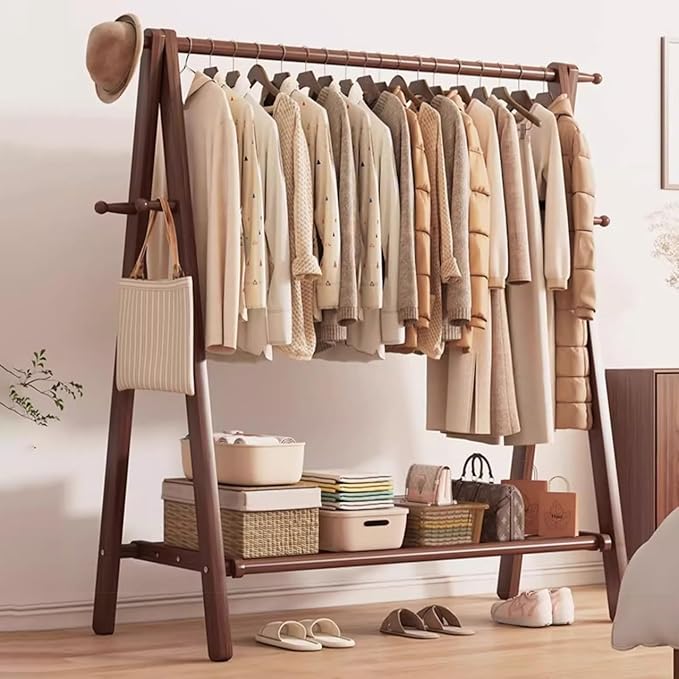 AETVRNI Wood Clothing Rack Coat Rack,Large Foldable Hanging Clothes,Stand Garment Rack with Storage Shelf,Clothing Storage,Home Organization,Natural Beech,for Bedroom Small Apartment Guest Room Laundr