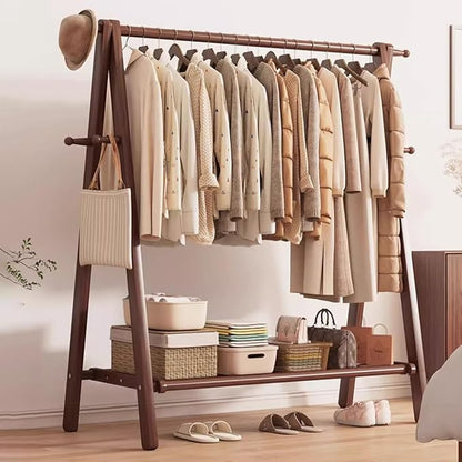 AETVRNI Wood Clothing Rack Coat Rack,Large Foldable Hanging Clothes,Stand Garment Rack with Storage Shelf,Clothing Storage,Home Organization,Natural Beech,for Bedroom Small Apartment Guest Room Laundr