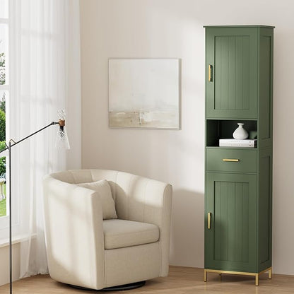 Homhedy 67" H Bathroom Storage Cabinet, Tall Storage Cabinet with Adjustable Shelves, Freestanding Cabinet with Doors and Drawer, Narrow Cabinet for Bathroom, Living Room, Kitchen, Dining Room, Green
