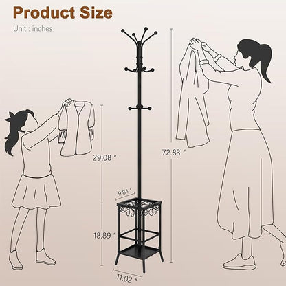 Hoctieon Coat Rack Freestanding, Coat Tree with Umbrella Holder, Metal Coat Rack Stand with 12 Hooks, Standing Coat Hanger Stand, Umbrella Stand for Entryway, Hat Rack Stand for Home Office, Black