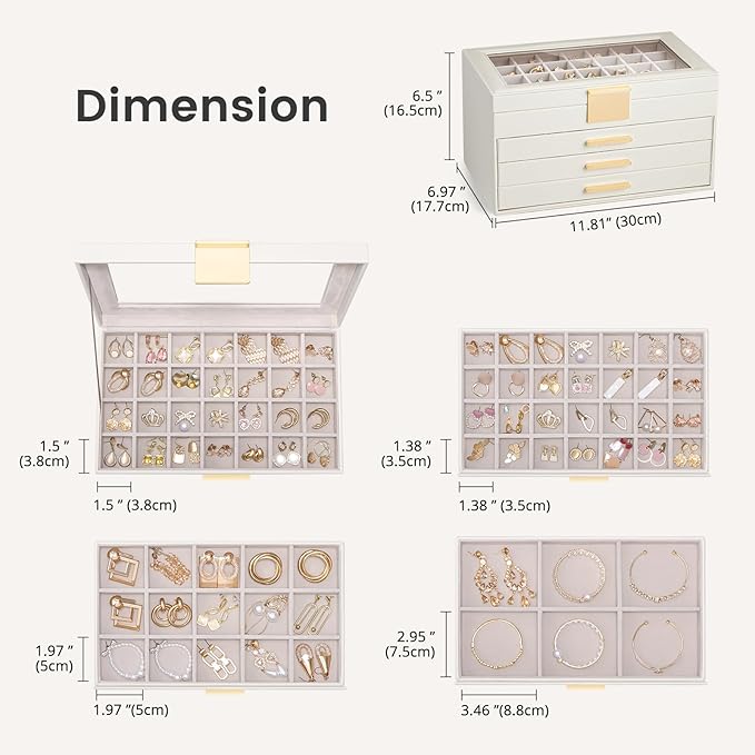 Lolalet Earring Storage Box Case with Glass Top, Large Earring Jewelry Holder Organizer Display with Drawer and Grid, Gift for Girls Women -4 Tiers, Cloud White