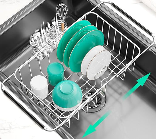 Dish Drainer Rack in Sink Adjustable, Expandable 304 Stainless Steel Metal Dish Drying Rack Organizer with Stainless Steel Utensil Holder Over Inside Sink Counter, Rustproof