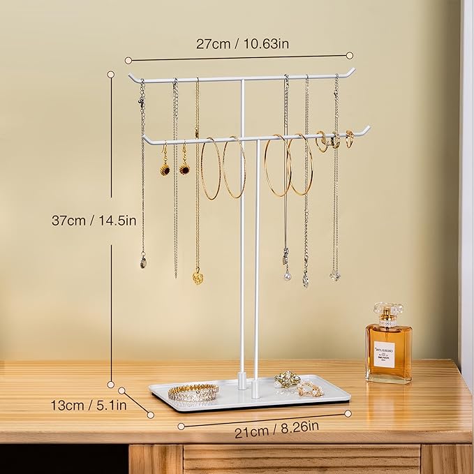 bussdis Necklace Holder Jewelry Stand Organizer for Necklaces and Bracelets, Metal Display Stand, Gift for Women, Ideal for Home, Bedroom, or Vanity, White