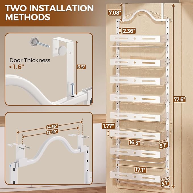8-Tier Pantry Door Organizer, Large 2 IN 1 Wall Mount or Over The Door Pantry Organizer, Pantry Door Spice Rack with Adjustable Baskets, Over Door Organizer for Kitchen,（72.6×17.1×5.1in, White)